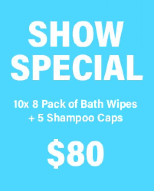 Sanctuary Cove Boat Show SPECIAL 10x 8 Pack of Bath Wipes + 5 Shampoo Caps